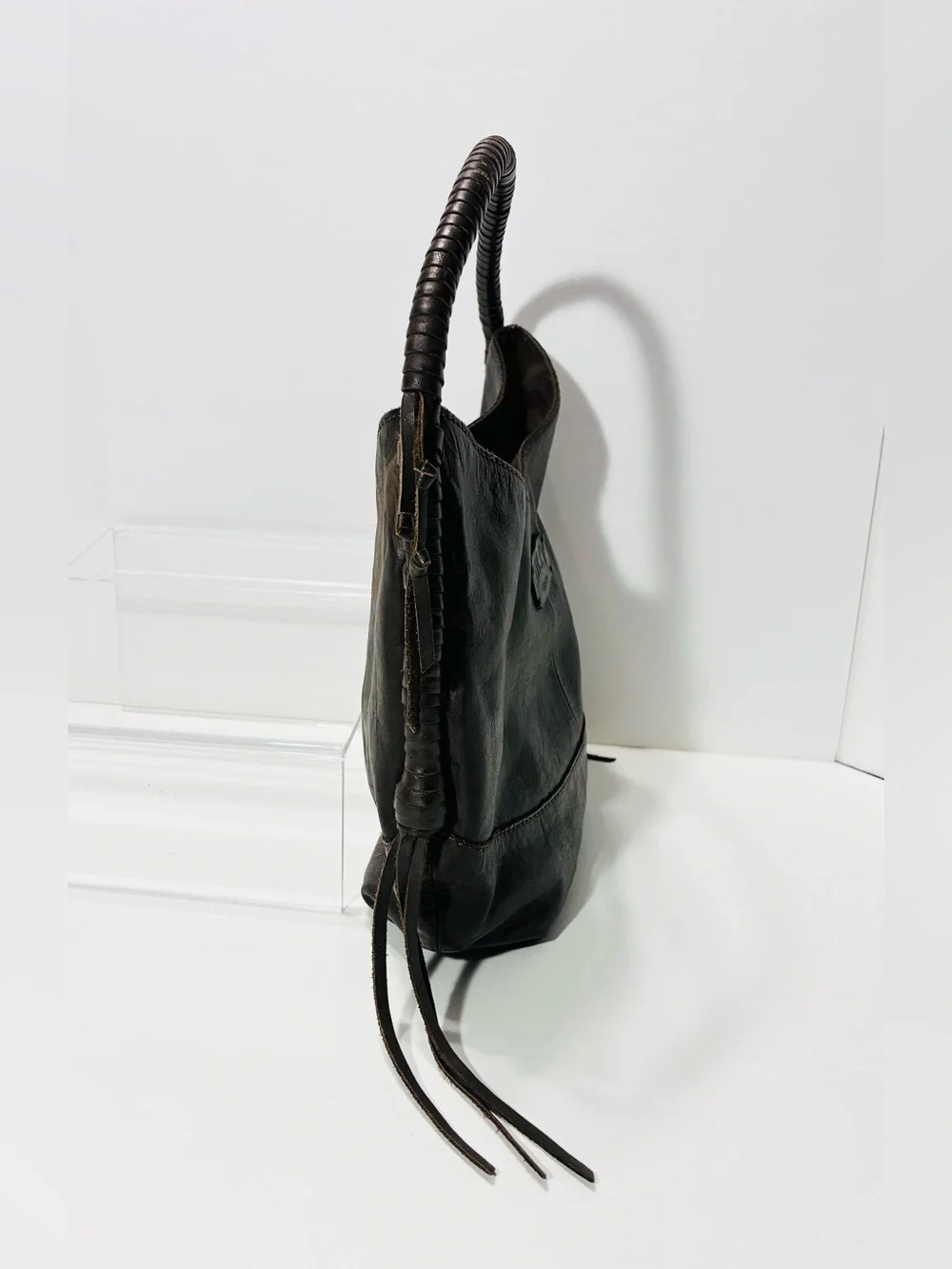 Lucky Brand Brown Embossed Feather Leather Hobo Shoulder Bag Tassels 12x7